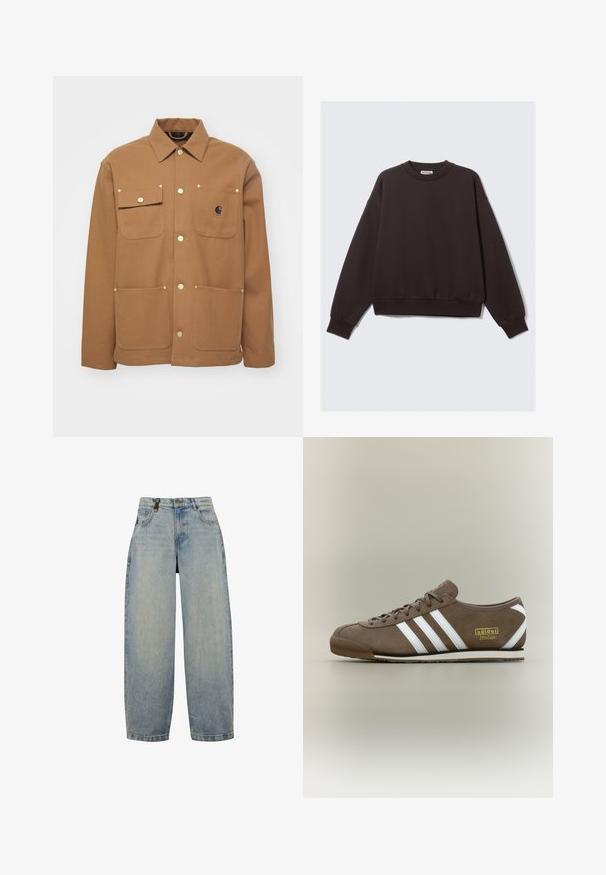 Ruda striukė, pagaminta iš storos medžiagos, su apykakle, dviem priekiniais kišenėmis su uždengimu ir auksinės spalvos mygtukais. Turime logotipo pleistrą ant krūtinės.; Tamsiai ruda ilgomis rankovėmis kūno apykaklės džemperis su raukiniais prie rankogalių ir apatinės dalies, ištiestas ant šviesaus fono.; Šviesiai mėlyni džinsai su laisvu prorlėjimu, aukštu liemeniu, plačiomis kojomis, klasikiniu penkių kišenių dizainu ir metalinėmis detalėmis.; Rudos spalvos zomšiniai sportbačiai su trimis baltomis juostelėmis, plokščiu guminės pado, apvalia nosimi ir aukso spalvos "adidas Italia" logotipu šone.