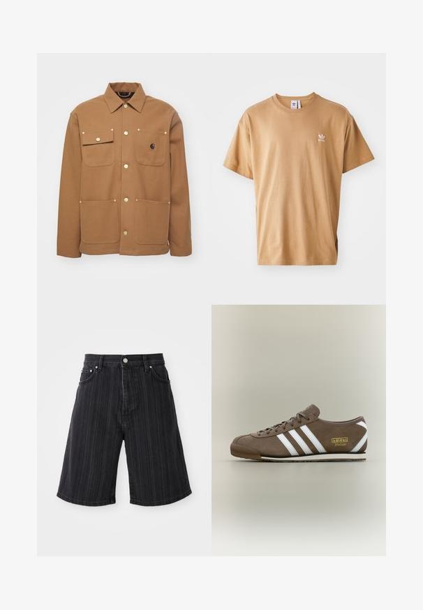 Brązkowa kurtka wykonana z grubego materiału, z kołnierzem, dwoma przednimi kieszeniami z klapami i złotymi guzikami. Posiada naszywkę z logo na piersi.; Brązowa bawełniana koszulka z okrągłym dekoltem i krótkimi rękawami. Posiada małe białe logo Adidas na lewej piersi. Miękka tekstura, luźny krój.; Czarne szorty dżinsowe z szerokimi nogawkami, z pionowymi paskami, kieszeniami z przodu i metalowymi detalami.; Brązowy zamszowy sneaker z trzema białymi paskami, płaską gumową podeszwą, okrągłym noskiem i złotym logo "adidas Italia" po boku.