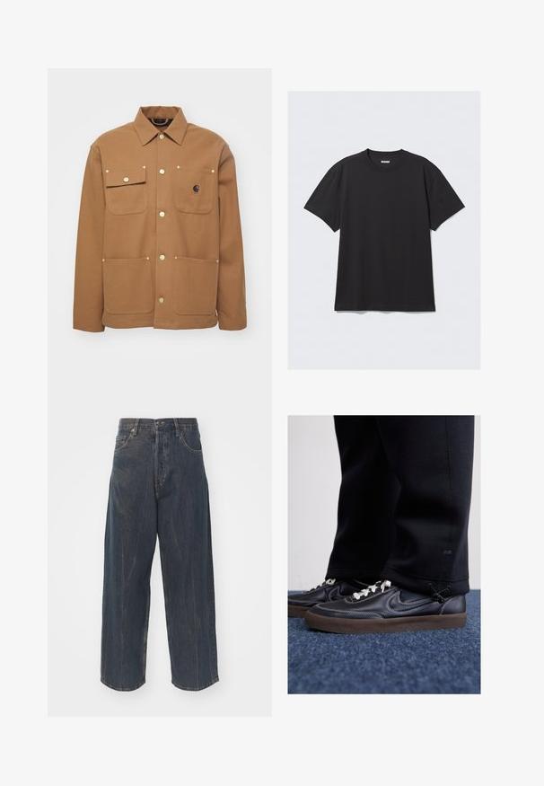Chaqueta marrón hecha de un tejido grueso, con cuello, dos bolsillos frontales con solapas y botones en tono dorado. Incluye un parche del logo en el pecho.; Camiseta de algodón de manga corta en color negro. Cuenta con un cuello redondo y un corte relajado. Diseño sencillo sin patrones ni acentos visibles.; Vaqueros de mezclilla oscuros de pierna ancha con una sutil textura desgastada, cinco bolsillos y un cierre clásico de botón y cremallera en la cintura.; Nike Sportswear KILLSHOT 2 LTR PRM OPP2 - Zapatillas - black sail baroque brown mtlc dk grey