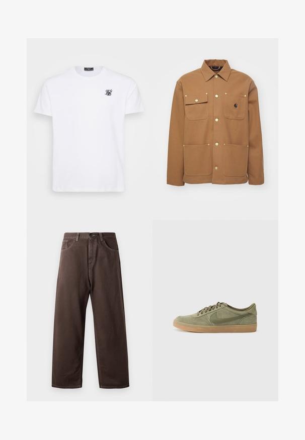 Pruun jakk, mis on valmistatud paksust kangast, millel on krae, kaks esistaskut klappidega ja kuldse tooni nööbid. Selles on ka rinnal logo plokk.; Valge puuvillane T-särk ringsuukaelusega. Rinnaosas on väike must tikandiga logo. Lühikesed varrukad ja sirge lõige.; Pruunid laia säärega püksid, mis on valmistatud puuvillast, klassikalise viie tasku kujundusega, lukuga ja nähtavate õmbluse detailidega.; Roheline nuiatsi sneaker, millel on kummist põhi, ümar varvas ja sidumisdisain. Omab Nike'i äratuntavat logo tumedamas rohelises värvitoonis.