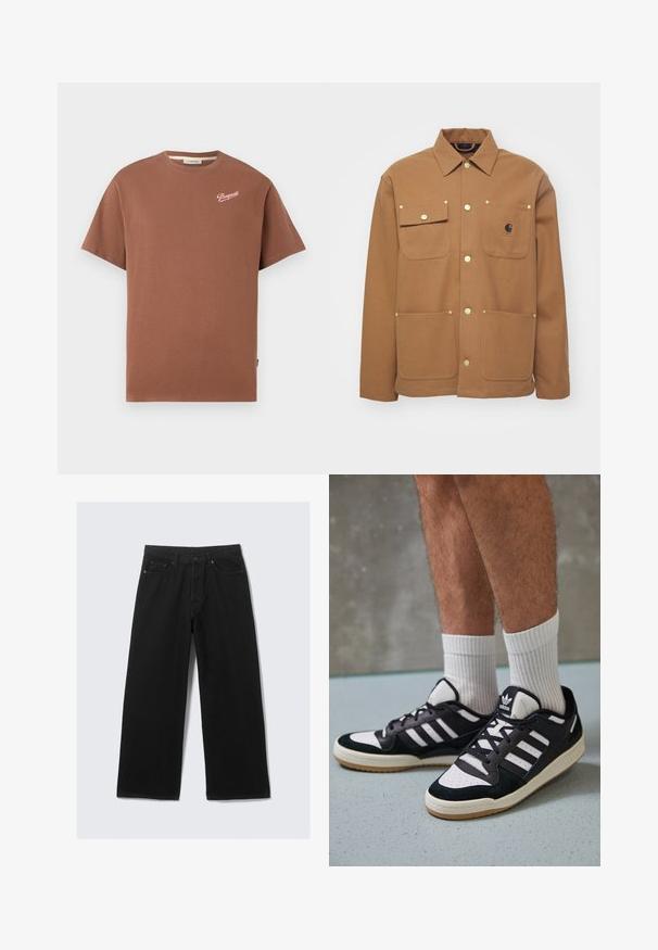 Hnedá bunda vyrobená z hrubej látky, s golierom, dvoma prednými vreckami so klopami a gombíkmi v zlatej farbe. Obsahuje nášivku s logom na hrudi.; Hnedé tričko s krátkym rukávom a okrúhlym výstrihom s logom "Pompeii" v bielej kaligrafii na hornej ľavej strane hrude.; Čierne široké nohavice z denimového materiálu, s klasickým dizajnom s piatimi vreckami a štruktúrovaným pásom s pútkami na opasok.; Čierno-biele tenisky s vrchom z semišu a kože, s troma bielymi pruhmi, perforovanou špičkou a gumovou podrážkou.