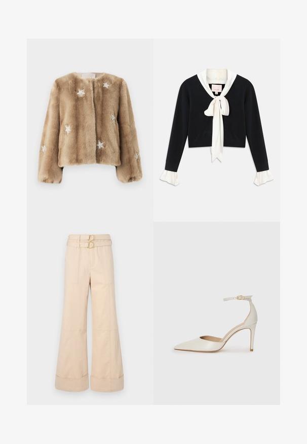 Beige faux fur takki, jossa on lyhyt muotoilu. Koristeena hopeiset tähdet ja pehmeä pinta. Ei näkyviä kiinnityksiä.; Musta pitkähihainen lyhyt neulepaita, jossa on kiinnitetty valkoinen kaulus, etuosassa rusettisolmu ja valkoiset röyhelöhihaiset hihansuut.; Beige levelek trousersit korkealla vyötäröllä, joissa on kaksi kultakuvioista solkielementtiä ja taskut edessä; sileää puuvillakangasta, jossa on käänteet.; Valkoinen nahkainen korkokenkä, jossa on terävä kärkinen muoto, nilkkaremmi ja kapea korko. Suora pinta, jossa on hienovarainen kiiltävä viimeistely.
