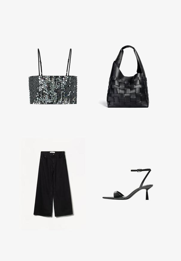 Černá kožená bunda se stříbrnými cvočky na ramenou, manžetách a lemu, se zipem a klasickým designem límce.; Mango Blůza - grey; Bershka WIDE-LEG - Wide leg - black; Bershka Sandály na vysokém podpatku - black; Černá kožená tkaná taška s uvolněným tvarem a širokým ramenním popruhem. Má texturovaný, propletený design s hladkým povrchem.