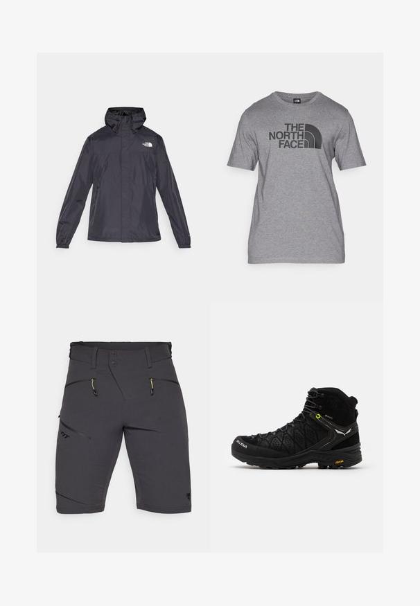 Sort, letvægtsjakke med hætte, lynlås foran, elastiske manchetter og logo-detail på brystet. Lavet af vandafvisende materiale.; Grå kortærmet t-shirt lavet af bomuldsblanding, med et sort grafisk print af "THE NORTH FACE" og en buet logo detalje foran.; Dynafit TRANSALPER - Friluftsshorts - black out; Sort vandrestøvle med struktureret overdel, forstærket tå og Vibram-sål. Snøresystemet inkluderer kroge for en sikker pasform.