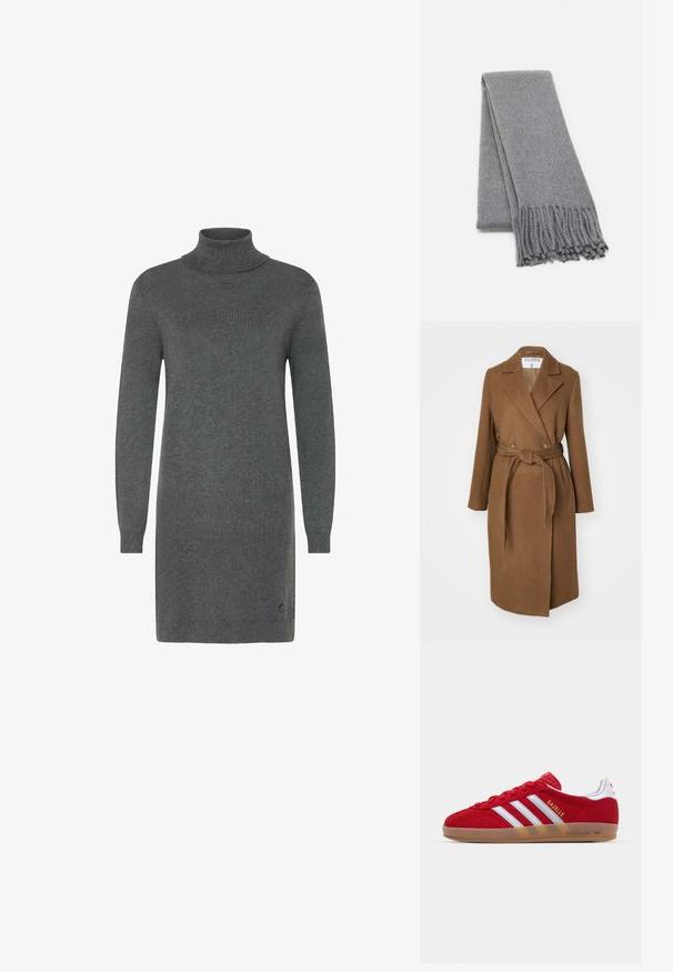 Cappotto in misto lana marrone con design doppiopetto, ampi risvolti, cintura in vita e due tasche laterali. Tessuto liscio e vestibilità sartoriale.; Abito grigio a collo alto realizzato in morbido tessuto a maglia. Presenta maniche lunghe, una silhouette aderente e un logo discreto vicino all'orlo.; Sneaker in suede rosso con design a tre strisce bianche e testo "Gazelle" in oro. Presenta una suola in gomma color cuoio e un tallone testurizzato.; Sciarpa in lana grigia con una consistenza morbida, caratterizzata da bordi frangiati e un design semplice. Piegata ordinatamente, mette in risalto la sua forma allungata.