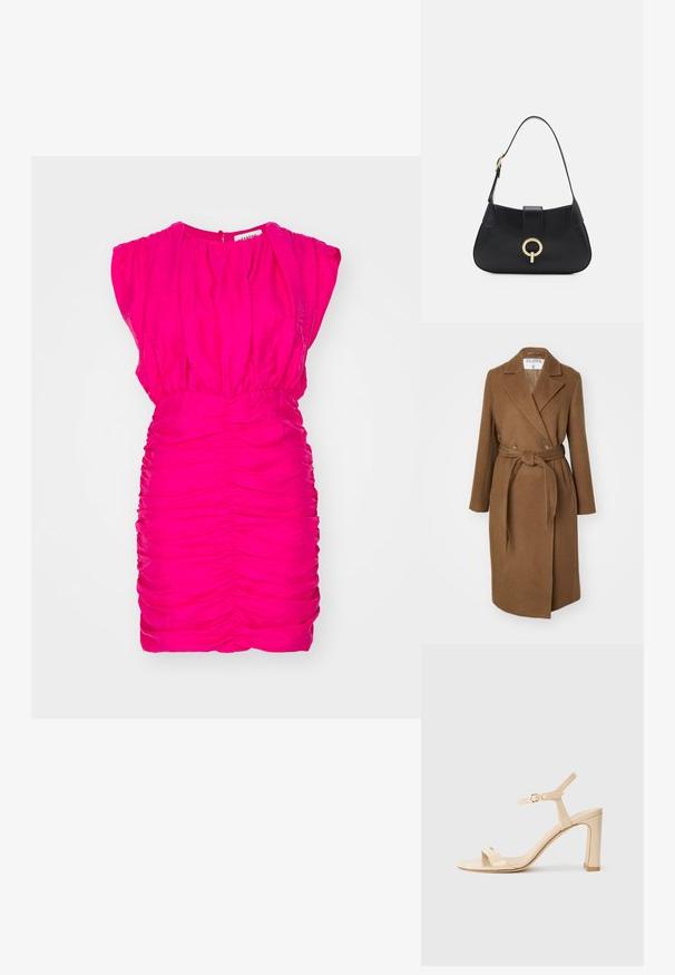 Abrigo de mezcla de lana marrón con un diseño de doble botonadura, amplios solapas, cinturón en la cintura y dos bolsillos laterales. Textura suave y ajuste entallado.; Vestido fucsia con detalles fruncidos, mangas cortas y escote redondo; presenta una textura arrugada y abertura en la parte posterior con cierre de botón.; Sandalia de tacón alto beige con tira en el tobillo y hebilla dorada, punta abierta y tacón cuadrado sobre un fondo blanco.; Bolso de cuero negro con una silueta curvada, correa corta, herrajes en tono dorado central y textura suave. Sin patrones ni acentos visibles.