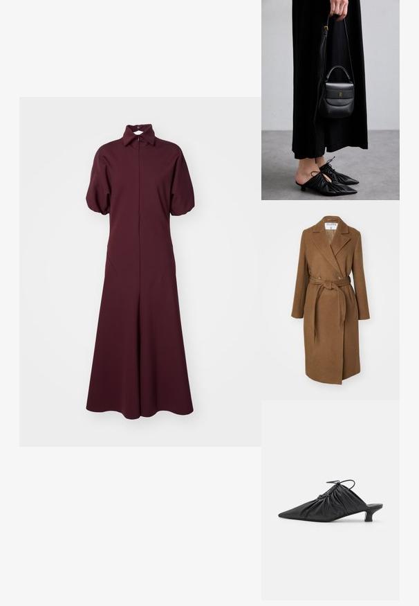 Pruun villa segust katte mantel kahekordse nööbiga disainiga, laiad kraed, vöö talje kohal ja kaks küljetaskut. Sile tekstuur ja kohandatud lõige.; Burgundi pikk kleit kaelakaeluse, lühikeste puffvarrukate ja täiskorsetiga. Valmistatud siledast kanga, millel on kerge läiked.; Mustad nahast libisemisega mullingud terava varbaga, volditud tekstuuriga ja väikese kitinõelaga. Omab tõmbluku detaili avas.; Väike must nahast käekott ümarate vormidega, ülemise sangaga ja eemaldatava rihmaga. Kanda musta kangast kleidi ja mustade voltimisega kingadega.