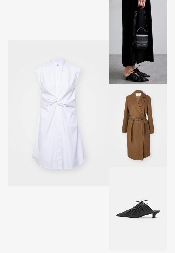 Palton din lână maro cu un design cu îmbrăcătură dublă, revere largi, curea la talie și două buzunare laterale. Textură netedă și croi ajustat.; Rochie albă fără mâneci, cu guler înalt, închidere frontală cu nasturi și un detaliu legat la talie. Țesătură netedă cu un ușor luciu.; Mule-uri negre din piele, cu vârf ascuțit, textură plisată și un tocuri mici de tip kitten. Prezintă un detaliu cu șnur la deschidere.; Geantă mică din piele neagră, cu o formă rotunjită, mânere superioare și curea detașabilă. Pur tată cu o rochie din material negru și pantofi plisati negri.