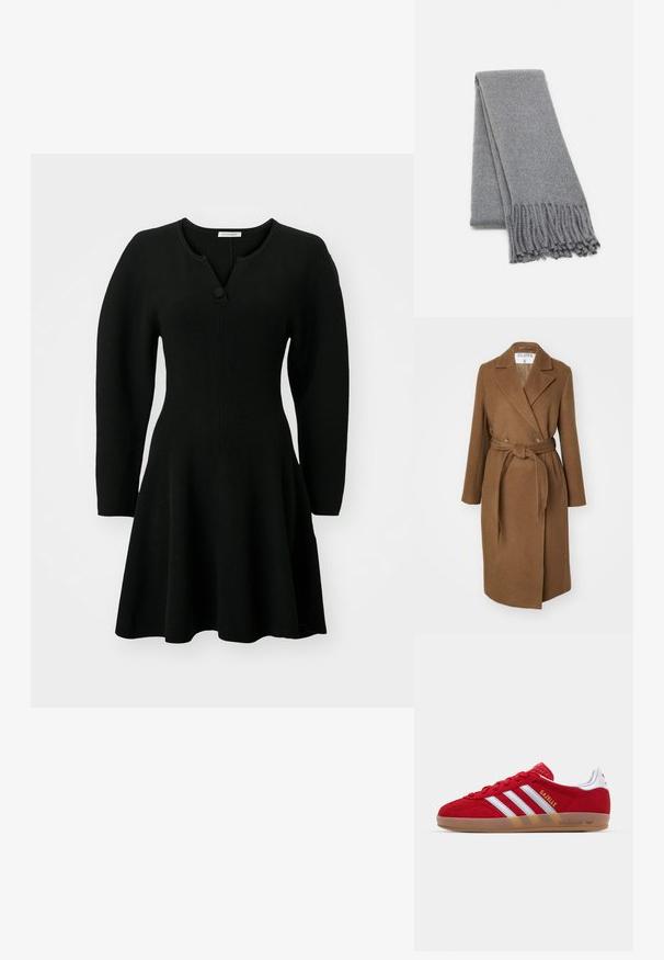 Cappotto in misto lana marrone con design doppiopetto, ampi risvolti, cintura in vita e due tasche laterali. Tessuto liscio e vestibilità sartoriale.; Abito nero a coste con una parte superiore aderente, gonna svasata e maniche lunghe. Presenta un colletto henley con un dettaglio di un singolo bottone.; Sneaker in suede rosso con design a tre strisce bianche e testo "Gazelle" in oro. Presenta una suola in gomma color cuoio e un tallone testurizzato.; Sciarpa in lana grigia con una consistenza morbida, caratterizzata da bordi frangiati e un design semplice. Piegata ordinatamente, mette in risalto la sua forma allungata.