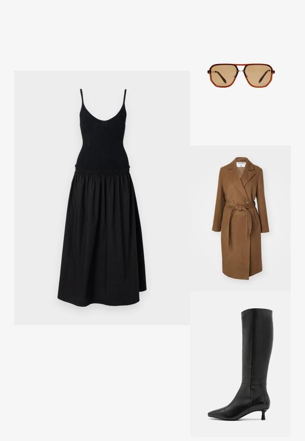 Brązowy płaszcz z mieszanki wełny o podwójnym zapięciu, szerokich klapach, pasku w talii i dwóch bocznych kieszeniach. Gładka tekstura i dopasowany krój.; Czarna sukienka z dopasowanym, prążkowanym gorsetem, cienkimi ramiączkami i rozkloszowaną, marszczoną spódnicą. Materiał jest gładki o matowym wykończeniu.; Zign - Kozaki; Brązowe ośmiokątne okulary przeciwsłoneczne z przezroczystą bursztynową oprawką i brązowymi soczewkami. Posiadają metalowy akcent na nosku oraz smukłe zauszniki.; Czarna zamszowa torebka z skórzanymi akcentami, o strukturalnym kształcie i dwóch solidnych uchwytach, niesiona przez osobę w brązowym płaszczu.