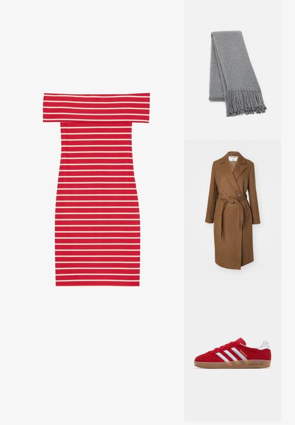 Brauner Wollmischungs-Mantel mit doppelter Knopfleiste, breiten Revers, Gurt in der Taille und zwei seitlichen Taschen. Glatte Textur und taillierter Schnitt.; Rot-weißer, gestreifter Off-Shoulder-Bodycon-Kleid mit taillierter Form und gerippter Textur. Enthält horizontale Streifen überall.; Rote Wildleder-Sneaker mit weißem Dreistreifen-Design und goldenem "Gazelle"-Schriftzug. Besitzt eine Gummisohle und eine strukturierte Ferse.; Grau gestrickter Wollschal mit einer weichen Textur, mit fransigen Kanten und einem schlichten Design. Ordentlich gefaltet, wobei seine längliche Form zur Geltung kommt.