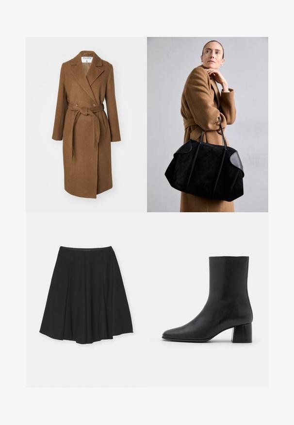 Abrigo de mezcla de lana marrón con un diseño de doble botonadura, amplios solapas, cinturón en la cintura y dos bolsillos laterales. Textura suave y ajuste entallado.; Suéter negro de manga larga con cuello de tortuga, con puños y dobladillo acanalados, exhibido sobre un fondo blanco liso.; Emporio Armani GONNA - Falda acampanada - black; Botín negro de cuero hasta el tobillo con punta afilada y un tacón cuadrado y grueso. Textura suave con un diseño sin costuras y un estilo minimalista en las costuras.; Bolso de ante negro con acentos de cuero, forma estructurada y dos asas resistentes, llevado por una figura con un abrigo marrón.