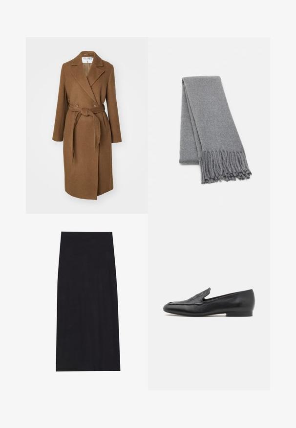 Brūns vilnas maisījuma mētelis ar dubulto pogu slēgšanu, plašiem atloka galiem, jostu viduklī un divām sānu kabatām. Gluda tekstūra un pielāgota piegriezums.; Tumši pelēks bezpiedurkņu džempers ar garām piedurknēm, ribota kakla izgriezuma un teksturēta adījuma audums. Saīsināts dizains.; Melnas midi svārki, kas izgatavoti no mīksta, elastīga auduma. Raksturīga taisni izgriezta silueta un elastīga jostasvieta komfortablai valkāšanai.; Filippa K LOGO SOFT LOAFERS - Čības - black; Pelēks vilnas šalle ar mīkstu tekstūru, ar frizētām malām un vienkāršu dizainu. Kārtota kārtīgi, izceļot tās izstiepto formu.
