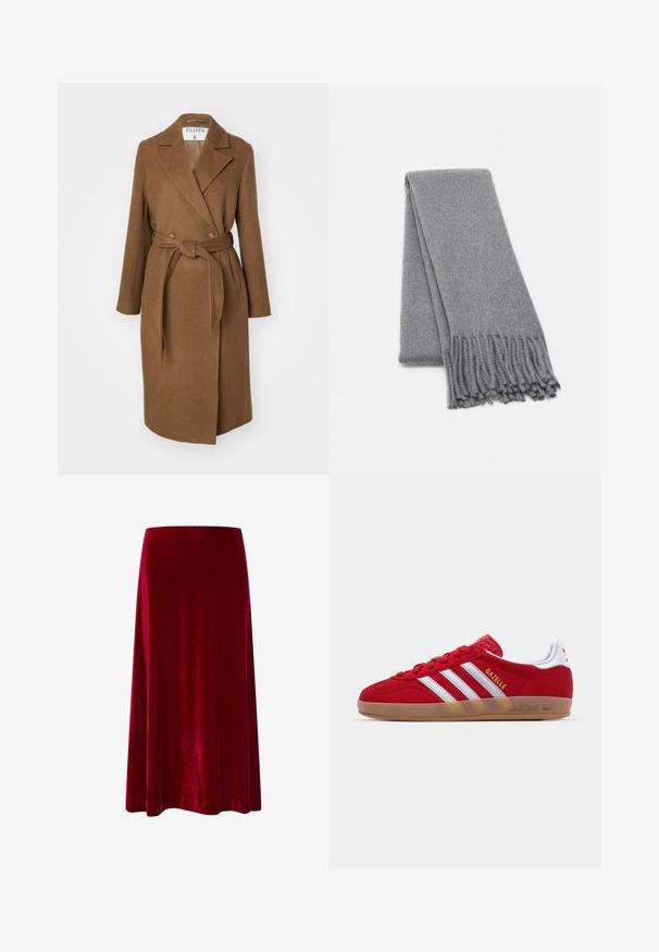 Smeđi kaput od vune s dvostrukim kopčanjem, širokim reverima, pojasom u struku i dva bočna džepa. Glatka tekstura i krojeni fit.; Tamno sivi pulover bez ramena s dugim rukavima, rebrastim izrezom i teksturiranim pletivom. Skraćeni dizajn.; Midi suknja od crvenog baršuna s glatkom teksturom, raširenim krojem i pojasom. Rub se završava tik ispod koljena. Nema vidljivih akcenata.; Crvene nubuk tenisice s bijelim dizajnom tri pruge i zlatnim natpisom "Gazelle". Sadrže gumeni potplat i teksturiranu petu.; Siva vuna šal s mekom teksturom, s resama na rubovima i jednostavnim dizajnom. Neatno presavijen, ističući svoj izduženi oblik.