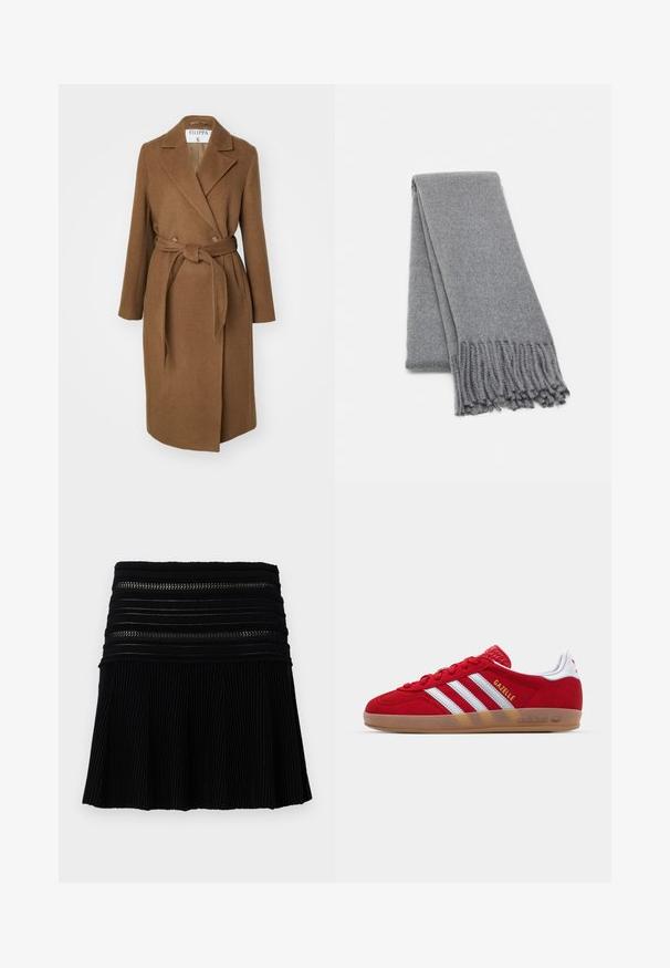 Brun uldblandingsfrakke med dobbeltbrystet design, brede klapper, bælte ved taljen og to sidelommer. Glat tekstur og skræddersyet pasform.; Mørkegrå af-shoulder sweater med lange ærmer, ribbet halsudskæring og struktureret strikket stof. Kort design.; Sort plisseret nederdel med et tekstureret ribbet design. Har vandrette bånddetaljer ved taljen med udskæringer. Korte længde.; Rød ruskinds sneakers med hvidt tre-stribedesign og guld "Gazelle" tekst. Har en gummisål og en tekstureret hæl.; Grå uldlue med en blød tekstur, med frynser i kanterne og et simpelt design. Foldet pænt, der viser dens aflange form.