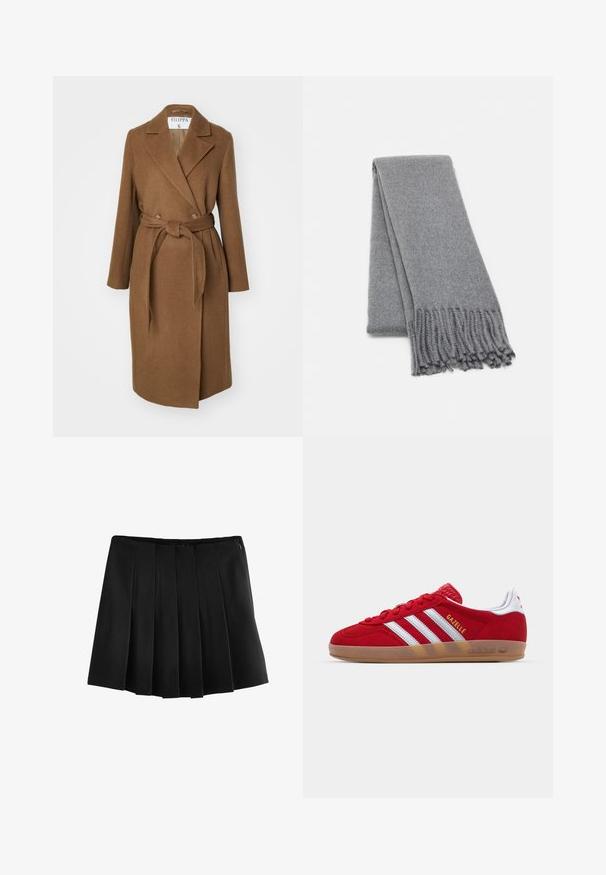 Cappotto in misto lana marrone con design doppiopetto, ampi risvolti, cintura in vita e due tasche laterali. Tessuto liscio e vestibilità sartoriale.; Maglione off-the-shoulder grigio scuro con maniche lunghe, scollatura a costine e tessuto a maglia testurizzato. Design cropped.; Next PONTE - Gonna a campana - black; Sneaker in suede rosso con design a tre strisce bianche e testo "Gazelle" in oro. Presenta una suola in gomma color cuoio e un tallone testurizzato.; Sciarpa in lana grigia con una consistenza morbida, caratterizzata da bordi frangiati e un design semplice. Piegata ordinatamente, mette in risalto la sua forma allungata.