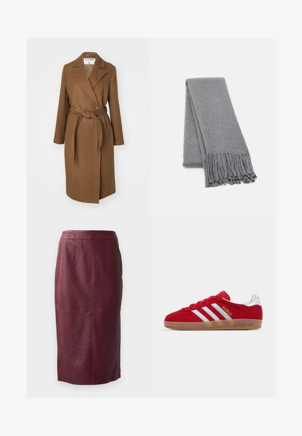 Palton din lână maro cu un design cu îmbrăcătură dublă, revere largi, curea la talie și două buzunare laterale. Textură netedă și croi ajustat.; Pulover off-the-shoulder de culoare gri închis, cu mâneci lungi, decolteu ribbit și țesătură texturată. Design scurt.; Fustă creion din piele burgundy, cu o textură netedă, design până la genunchi și detalii fine de cusătură. Fără închideri vizibile.; Sneaker roșu din suede cu un design alb cu trei dungi și text auriu "Gazelle". Dispune de o talpă din cauciuc și un toc texturat.; Fular din lână gri cu o textură moale, având margini franjurate și un design simplu. Pliat cu grijă, scoțând în evidență forma sa alungită.