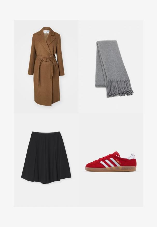 Ruskea villasekoite takki, jossa on kaksirivinen muotoilu, leveät kaulukset, vyö vyötäröllä ja kaksi sivutaskua. Liukas tekstuuri ja istuva malli.; Tummanharmaa olkaimia vapaana oleva neule, jossa on pitkät hihet, clouduvannesuinen kaula-aukko ja teksturoitu neulottu kangas. Lyhennetty malli.; Emporio Armani GONNA - A-linjainen hame - black; Punainen mokkanahkainen lenkkitossu, jossa on valkoinen kolmiraidallinen kuvio ja kultaiset "Gazelle"-tekstit. Varusteena kuminen pinta ja teksturoitu kanta.; Harmaa villa huivi, jossa on pehmeä tekstuuri, hapsureunat ja yksinkertainen muotoilu. Huivi on taiteltu siististi, mikä korostaa sen pitkää muotoa.
