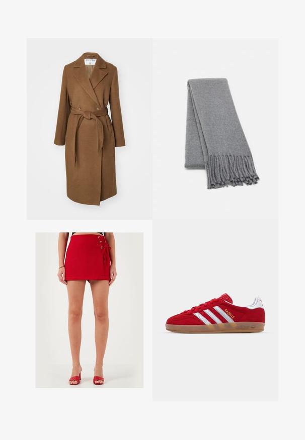 Hnedý kabát z vlnenej zmesi s dvojradovým zapínaním, širokými klopami, opaskom v páse a dvoma bočnými vreckami. Hladká textúra a strih prispôsobený postave.; Tmavosivý sveter s odhalenými plecami, dlhými rukávmi, ribbed výstrihom a textúrovanou pleteninou. Krátky strih.; Červená mini sukňa vyrobená z mäkkej tkaniny, s bočnými šnurovacími detailmi a kovovými očkami. Priamy strih a hladká textúra, nosená s červenými sandálmi na opätku.; Červené semišové tenisky s bielym trojpruhovým dizajnom a zlatým nápisom "Gazelle". Majú gumovú podrážku a štruktúrovaný opätok.; Sivá vlnená šatka s jemnou textúrou, s strapcovými okrajmi a jednoduchým dizajnom. Uložená pekne zložená, ukazujúca svoj predĺžený tvar.