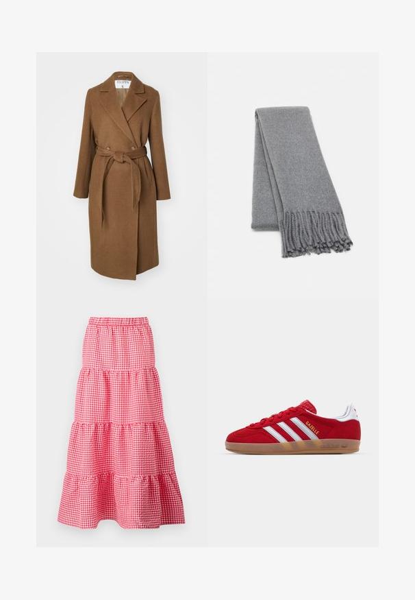 Brown wool blend coat with a double-breasted design, wide lapels, belt at waist, and two side pockets. Smooth texture and tailored fit.; Dark gray off-the-shoulder sweater with long sleeves, ribbed neckline, and textured knit fabric. Cropped design.; Red and white gingham patterned tiered skirt with an elastic waistband and ruffled hem, featuring three gathered layers. Cotton material.; Red suede sneaker with white three-stripe design and gold "Gazelle" text. Features a rubber gum sole and textured heel.; Gray wool scarf with a soft texture, featuring fringed edges and a simple design. Folded neatly, showcasing its elongated shape.