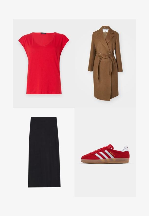 Brauner Wollmischungs-Mantel mit doppelter Knopfleiste, breiten Revers, Gurt in der Taille und zwei seitlichen Taschen. Glatte Textur und taillierter Schnitt.; Dunkelgrauer, schulterfreier Pullover mit langen Ärmeln, geripptem Kragen und strukturiertem Strickstoff. Kürzeres Design.; Rotes Kurzarm-V-Neck-T-Shirt aus weichem Stoff. Bietet einen lockeren Schnitt mit glatter Textur und sauberer Naht an dem Saum.; Schwarzer Midi-Rock aus weichem, dehnbarem Material. Verfügt über eine gerade Silhouette und einen elastischen Bund für eine bequeme Passform.; Rote Wildleder-Sneaker mit weißem Dreistreifen-Design und goldenem "Gazelle"-Schriftzug. Besitzt eine Gummisohle und eine strukturierte Ferse.