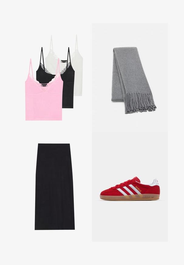 Palton din lână maro cu un design cu îmbrăcătură dublă, revere largi, curea la talie și două buzunare laterale. Textură netedă și croi ajustat.; Pulover off-the-shoulder de culoare gri închis, cu mâneci lungi, decolteu ribbit și țesătură texturată. Design scurt.; Trei cămăși fără mâneci în nuanțe de roz, negru și alb, cu dantelă la decolteu, bretele subțiri ajustabile și o textură netedă a materialului.; Fustă midi neagră realizată dintr-un material moale și elastic. Are o siluetă dreaptă și un tiv elastic pentru un confort sporit.; Sneaker roșu din suede cu un design alb cu trei dungi și text auriu "Gazelle". Dispune de o talpă din cauciuc și un toc texturat.; Fular din lână gri cu o textură moale, având margini franjurate și un design simplu. Pliat cu grijă, scoțând în evidență forma sa alungită.