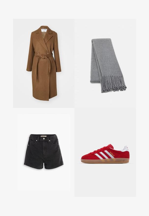 Brun ullblandad kappa med dubbelknäppt design, breda slag, bälte i midjan och två sidofickor. Slät yta och skräddarsydd passform.; Mörkgrå off-shoulder-tröja med långa ärmar, ribbad halsringning och texturerad stickad tyg. Kortad design.; Svart denimshorts med hög midja, med två framfickor, två bakfickor och silverfärgad utrustning. Slät, något blekt textur.; Röd mocka sneaker med vitt tre-stripes mönster och guld "Gazelle" text. Har en gumminocke och texturerad häl.; Grå ullscarf med en mjuk textur, med fransade kanter och en enkel design. Fint vikt, vilket visar dess avlånga form.