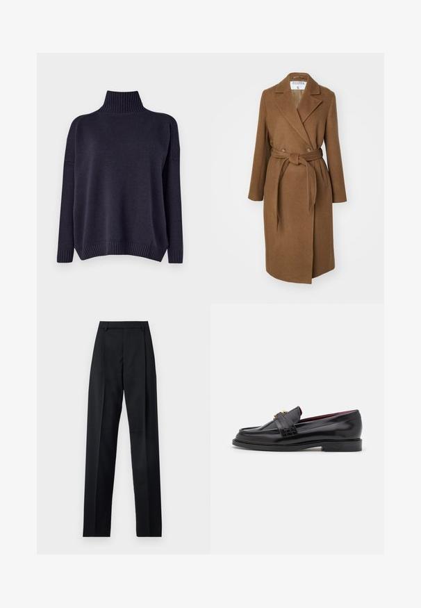 Rjav plašč iz volnene mešanice z dvojnim zapenjanjem, širokimi reverji, pasom na pasu in dvema stranskima žepoma. Gladka tekstura in krojen fit.; Weekend Max Mara BORGIA - Pulover - blu; Črne hlače iz gladkega materiala, ki imajo visok pas, široke noge, sprednje nabore in klasične zanke za pas. Nevidni stranski žepi.; Črne usnjene loafers čevlje z nežnim vzorcem, gladko teksturo, podrobnostmi z zlatimi zaponkami in zaobljenim prednjim delom, postavljeni na nizkem črnem podplatu.