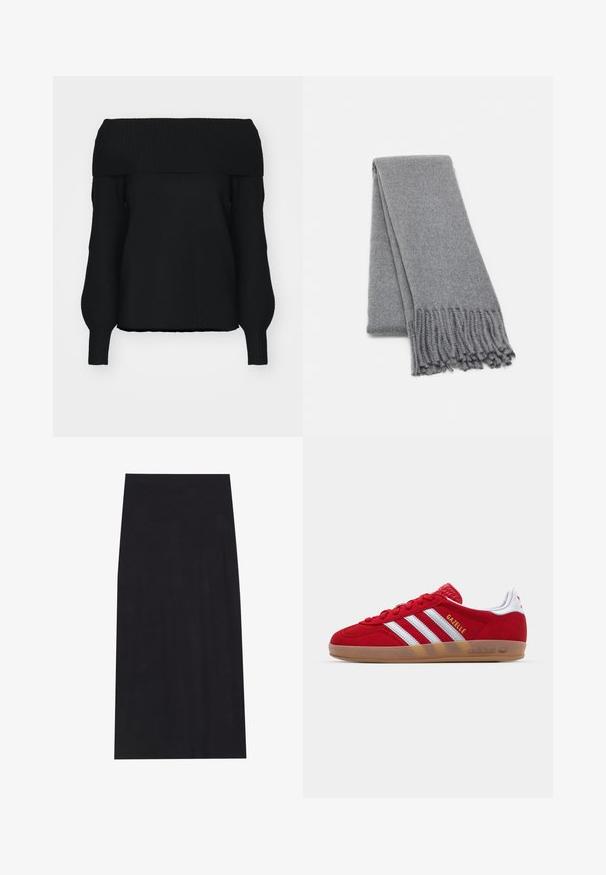 Casaco de mistura de lã castanha com design de dupla face, grandes lapelas, cinto na cintura e dois bolsos laterais. Textura suave e ajuste sob medida.; Sweater preto de ombro à mostra, feito de material de malha suave, com bainhas ribaltas, mangas longas e um ajuste solto. Sem padrões visíveis.; Saia midi preta feita de um tecido macio e elástico. Apresenta uma silhueta straight e um cós elástico para um ajuste confortável.; Sapatilha de camurça vermelha com design de três riscas brancas e texto "Gazelle" em dourado. Apresenta uma sola de borracha e um calcanhar texturizado.; Cachecol cinza de lã com uma textura suave, apresentando bordas com franjas e um design simples. Dobrada de forma organizada, destacando sua forma alongada.