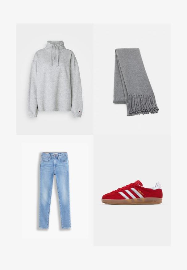 Abrigo de mezcla de lana marrón con un diseño de doble botonadura, amplios solapas, cinturón en la cintura y dos bolsillos laterales. Textura suave y ajuste entallado.; Champion ICONS HALF ZIP SMALL C LOGO - Sudadera - grey; Jeans de mezclilla azul claro con corte ajustado, que cuentan con cinco bolsillos, cierre de botón y cremallera, y un ligero desgastado a lo largo de las piernas.; Zapatillas de ante rojo con diseño de tres rayas blancas y texto dorado "Gazelle". Cuenta con una suela de goma y un talón texturizado.; Bufanda de lana gris con una textura suave, que presenta bordes con flecos y un diseño sencillo. Doblada de manera ordenada, mostrando su forma alargada.