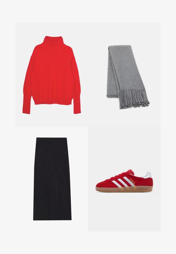 Rudas vilnos mišinys paltas su dvigubu užsegimu, plačiais apykaklėmis, diržu liemens srityje ir dviem šoniniais kišenėmis. Lygus paviršius ir pritaikytas siluetas.; Raudona megzta golfo tipo svajgeris su laisvu siluetu, ilgomis rankovėmis, briaunotais rankogaliais ir juosta. Lygus audinys ir vientisa spalva visoje aprangoje.; Juodas midi sijonas, pagamintas iš minkštos, tamprios medžiagos. Turi tiesią siluetą ir elastinį liemenį, užtikrinantį patogų prigludimą.; Raudoni zomšiniai kedai su baltu trimis dryžiais ir auksiniu „Gazelle“ tekstu. Turi guminį pado gumulėlį ir tekstūruotą kulną.; Pilkas vilnonis šalikas su minkšta tekstūra, turintis kutais apipintas kraštus ir paprastą dizainą. Gražiai sulenkta, pabrėžiant jo pailgą formą.