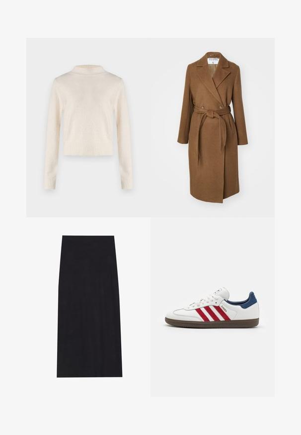 Hnedý kabát z vlnenej zmesi s dvojradovým zapínaním, širokými klopami, opaskom v páse a dvoma bočnými vreckami. Hladká textúra a strih prispôsobený postave.; Krémový sveter s dlhými rukávmi a vysokým golierom. Mäkká textúra, rebrovaný pás a manžety. Ľahký materiál s jemným leskom.; Čierna midi sukňa vyrobená z jemného, elastického materiálu. Vyznačuje sa rovnou siluetou a elastickým pásom pre pohodlné nosenie.; Biele tenisky s červenými semišovými pruhmi, modrým semišovým akcentom na päte a textúrovanou hnedou gumovou podrážkou. Obsahujú šnurovacie uzatvorenie a logo.