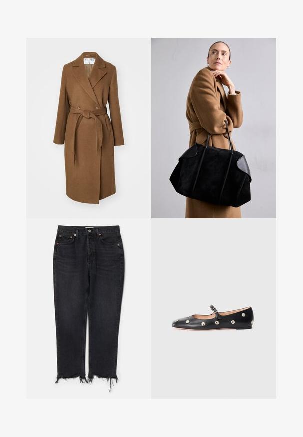 Palton din lână maro cu un design cu îmbrăcătură dublă, revere largi, curea la talie și două buzunare laterale. Textură netedă și croi ajustat.; Cămașă albă cu mâneci lungi din bumbac, având un guler clasic, închidere cu butoane și un singur buzunar pe partea stângă.; Agolde RILEY CROP - Blugi slim fit - hitch; Pantofii Mary Jane din piele neagră, cu vârful rotund, decorati cu nasturi circulari argintii și o curea ajustabilă cu cataramă.; Geantă din suede negru cu accente din piele, formă structurată și două mânere rezistente, purtată de o persoană îmbrăcată într-o haină brună.