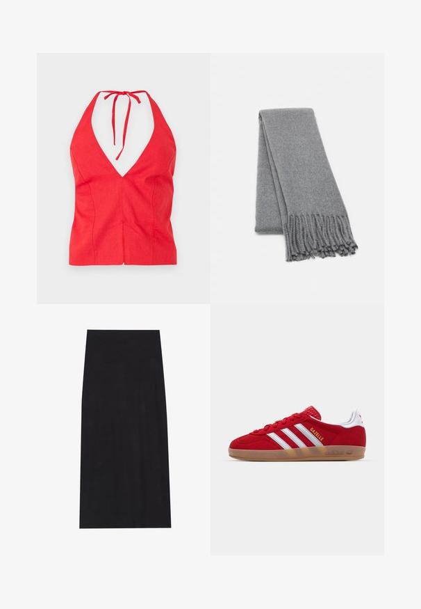 Pruun villa segust katte mantel kahekordse nööbiga disainiga, laiad kraed, vöö talje kohal ja kaks küljetaskut. Sile tekstuur ja kohandatud lõige.; Punane kaelusega top sügava V-dekolteega, valmistatud tekstuurist kangast, millel on seotud kaelarihm ja sobiv lõige koos esise seamiga.; Musta midi-seelik, mis on valmistatud pehmest ja venivast kangast. Omab sirget siluetti ja elastset vööd mugavaks istuvuseks.; Punane sametist tennisekes, millel on valge kolmestriibuline disain ja kuldne "Gazelle" tekst. Varustatud kummist tallaga ja tekstureeritud kontsaga.; Hall hõbe villane sall pehme tekstuuriga, millel on äärised ja lihtne disain. Korralikult kokku volditud, rõhutades selle piklikku kuju.