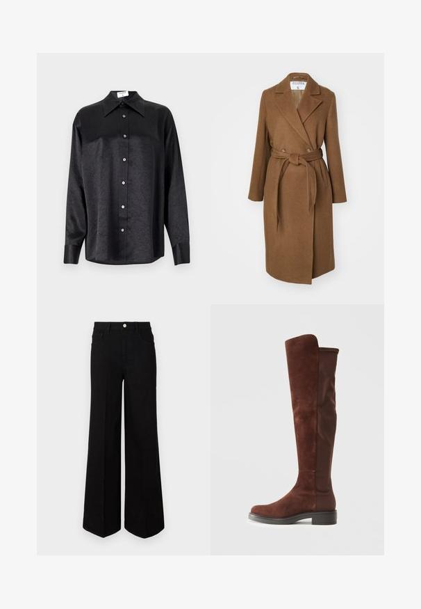 Brown wool blend coat with a double-breasted design, wide lapels, belt at waist, and two side pockets. Smooth texture and tailored fit.; Black long-sleeve shirt with a collared neckline, featuring a crinkled texture, full button front, and cuffs. Made from a smooth fabric.; Black wide-leg jeans made of sturdy fabric, featuring a high waist, front pockets, and a front button closure. Flat hem at the bottom.; Tall brown suede and fabric boot with low black heel and rounded toe, shown in side view on plain white background.