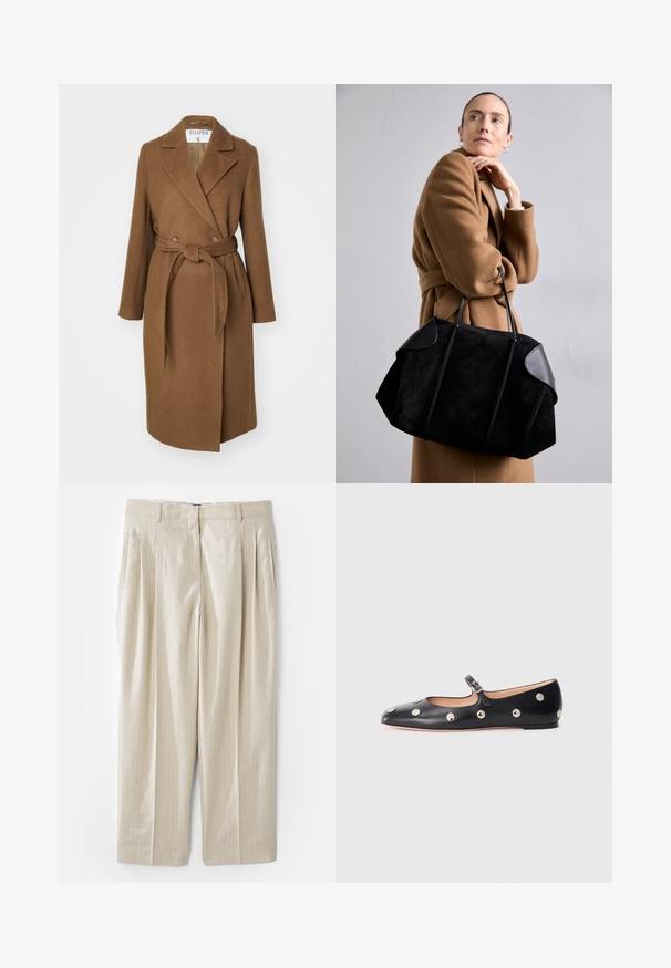 Barna gyapjúkeverék kabát, dupla gombolású dizájnnal, széles hajtókákkal, övvel a deréknál és két oldalsó zsebbel. Sima felület és testre szabott fazon.; Fekete, hosszú ujjú, garbós felső sima anyagból, fodros gallérral és illeszkedő sziluettel, egyszerű élekkel.; Beige vászon nadrág függőleges csíkozással, laza szabással, két oldalsó zsebbel és meghajtott elejével a még gazdagabb textúráért.; Fekete bőr Mary Jane lapossarkú cipő, lekerekített orral, ezüst színű kör alakú szegecsekkel és állítható pánttal, csattal.; Fekete velúr kézitáska bőrkiegészítőkkel, strukturált forma, és két robusztus fogantyú, egy barna kabátot viselő alak által hordva.