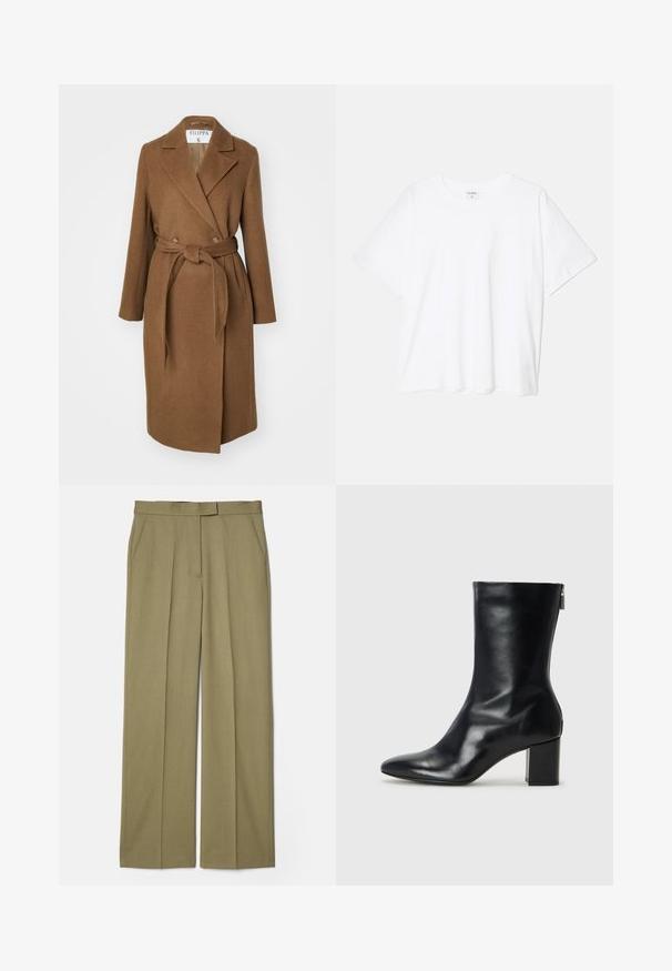 Brūns vilnas maisījuma mētelis ar dubulto pogu slēgšanu, plašiem atloka galiem, jostu viduklī un divām sānu kabatām. Gluda tekstūra un pielāgota piegriezums.; Balta kokvilnas T-krekls ar īsām piedurknēm, apaļu dekoltē, brīva piegriezuma un šūtu apakšmalu. Etiķete redzama iekšējā kakla daļā.; Kaki pleated bikses ar taisnu kāju dizainu, izgatavotas no teksturēta auduma, ar divām sānu kabatām un gludu jostu.; Melna ādas potītes zābaks ar norādītu purngalu un 4 cm bloku papēdi. Gluds dizains ar sānu rāvējslēdzēju vieglai uzvilkšanai. Gluda tekstūra.