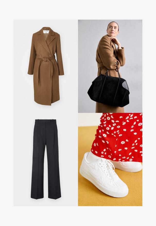 Brązowy płaszcz z mieszanki wełny o podwójnym zapięciu, szerokich klapach, pasku w talii i dwóch bocznych kieszeniach. Gładka tekstura i dopasowany krój.; Długi rękaw, jasnobeżowa bluzka z okrągłym dekoltem. Wykonana z miękkiego materiału, posiada centralny szew oraz lekko zaokrąglony dół. Brak widocznych elementów metalowych.; Ciemnoniebieskie spodnie w paski z wysokim stanem, szerokimi nogawkami i bez widocznych elementów metalowych lub ozdób. Gładka tekstura i dopasowany krój.; Białe skórzane sneakersy z kwiatowymi tłoczeniami, okrągłym czubkiem i teksturowaną gumową podeszwą. Połączone z czerwonymi spodniami w białe kwiaty.; Czarna zamszowa torebka z skórzanymi akcentami, o strukturalnym kształcie i dwóch solidnych uchwytach, niesiona przez osobę w brązowym płaszczu.