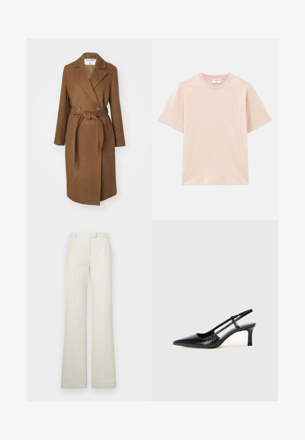 Brauner Wollmischungs-Mantel mit doppelter Knopfleiste, breiten Revers, Gurt in der Taille und zwei seitlichen Taschen. Glatte Textur und taillierter Schnitt.; Kurze T-Shirt-Ärmel in hellem Beige, aus weicher Baumwolle. Rundhalsausschnitt, lockere Passform, mit geradem Saum und ohne Muster oder Grafiken.; Cremfarbene weite Hosen mit glatter Textur, Gürtelschlaufen, flachem Vorderteil und ohne Taschen. Taillierte Passform mit einem klaren, minimalistischen Design.; Schwarze Lack-Slingback-Pumps mit spitzem Zehenbereich, versehen mit strukturiertem Schlangenprint, verstellbarem Riemen und einem kurzen, strukturierten Blockabsatz.