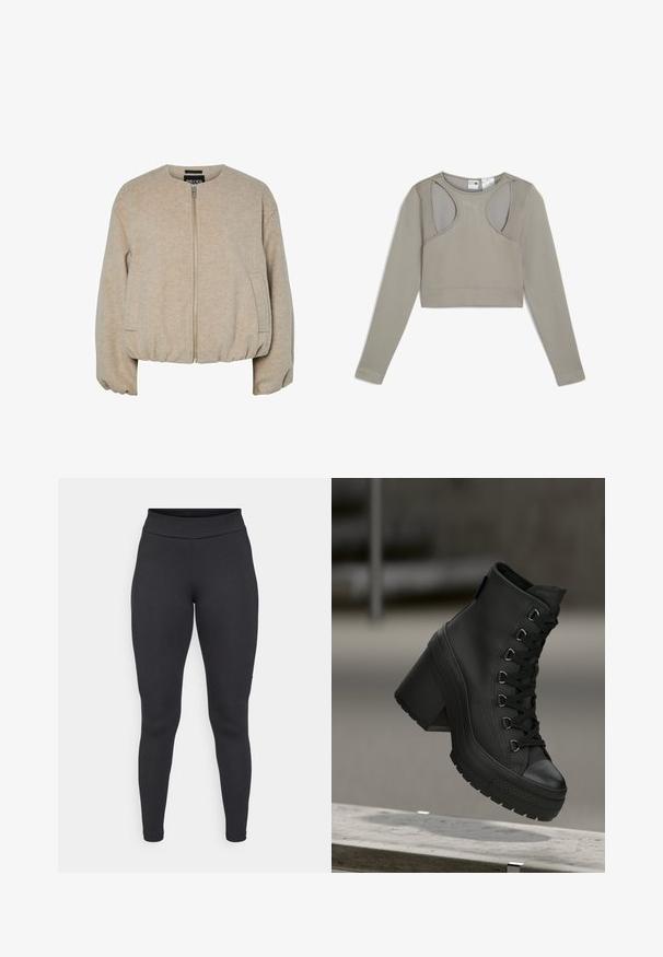 Beige uldblandet jakke med frontlynlås, lange ærmer, rund halsudskæring, to sidelommer og elastisk kant og cuffs.; Lys grå, ribbet langærmet cropped top med skulderudskæringer og et subtilt logo. Har et tætsiddende design og tekstureret stof.; Sorte leggings lavet af strækbart stof, med høj talje, tætsiddende facon og glat tekstur uden synlige mønstre eller detaljer.; Sorte high-top platform støvler med en struktureret læderoverflade, snøring fortil og kraftig hæl. Har en gummisål med markante mønstre.