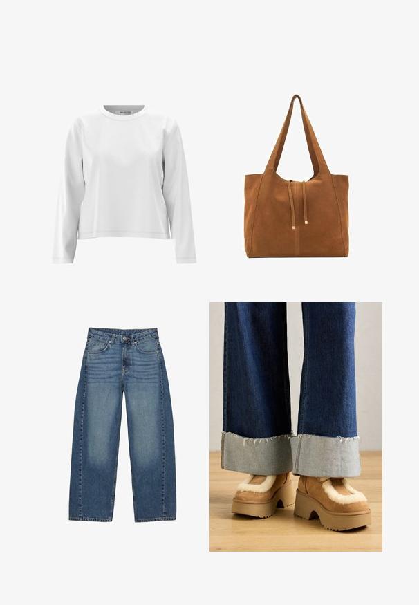 Beige uldblandet jakke med frontlynlås, lange ærmer, rund halsudskæring, to sidelommer og elastisk kant og cuffs.; Hvid langærmet top med rund halsudskæring, fremstillet af blødt stof, med minimale syninger og en afslappet pasform.; Bredde ben blå jeans lavet af denim, med et klassisk fem-lomme design, i en falmet vask og tonede syninger.; Brune ruskinds platform støvler med cremefarvet pelsfor, parret med brede denimbukser med rå afslutninger og en lysere denimsmock.; Brun ruskinds-tote med to lange stropper, snørelukning og minimalistisk design. Glat tekstur og ingen synlige hardware-detaljer.