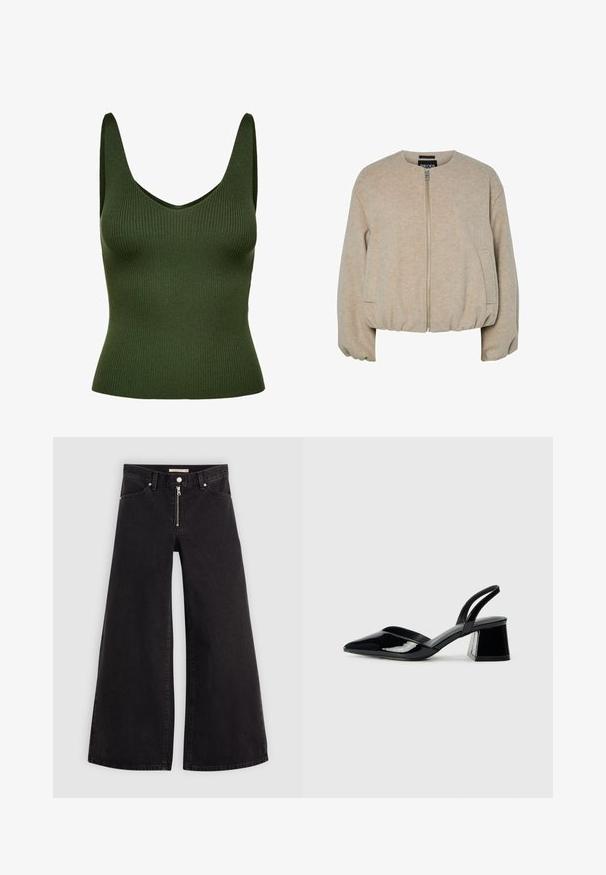 Beige villa sekoitusta oleva takki, jossa on edessä vetoketju, pitkät hihat, pyöreä kaula-aukko, kaksi sivutaskua sekä kuminauhan huppu ja hihansuut.; V-aukko ja leveillä hihnoilla varustettu ribbikuvioitu vihreä toppi. Teksturoitu materiaali tarjoaa muotoilun, joka on tiukka ja saumaton.; Mustat leveälahkeiset farkut, joissa on vetoketjufrunti, viisi-taskuinen muotoilu ja hienovaraiset ompelusyyt. Sileä pinta ja rento tyyli.; Mustat patentoitu nahkakengät, joissa on säären takaosa ja terävä kärki, sekä geometrinen palikkakorko. Sisältää tyylikkään, minimalistisen muotoilun ja sileän pinnan.