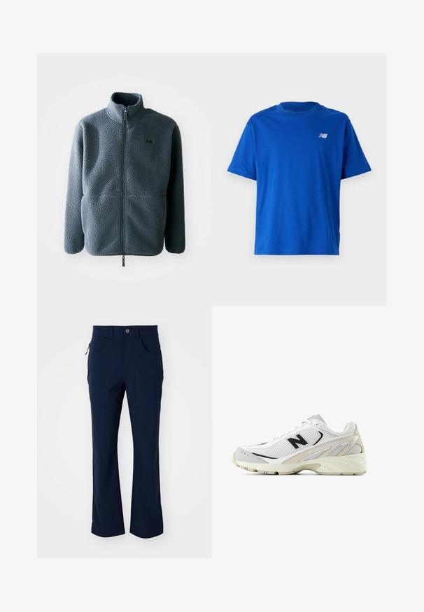 Grijze fleecejas met een hoge kraag, een rits aan de voorkant en twee zijzakken. Voorzien van een getextureerde stof en een klein logo op de borst.; Blauwe katoenen t-shirt met een ronde halslijn en korte mouwen. Bevat een klein wit "NB" logo op de borst. Eenvoudig ontwerp, geen patronen.; Navyblauwe rechtlopende broek met riemlussen, knoopsluiting, voorzakken en een ritssluiting aan de zijkant op een witte achtergrond.; Witte sneaker met mesh bovenwerk, zwarte accenten en beige zijdetails. Heeft een gevoerde zool en vetersluiting.
