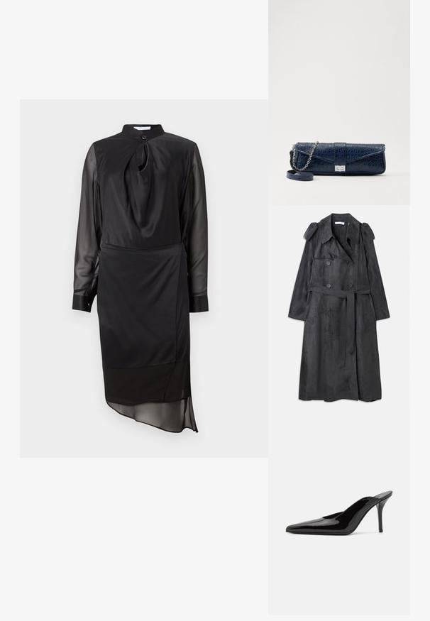 Dlouhý tmavě šedý trenčkot vyrobený z měkkého materiálu připomínajícího suéd, s dvojitými knoflíky, epaulette na ramenech a odpovídajícím páskem v oblasti pasu.; Černé šaty s vysokým límcem, dlouhými průhlednými rukávy a uzlovým detailem na výstřihu. Vyznačují se vrstveným lemem a hladkou texturou látky.; Černé lakované kožené muly na vysokém podpatku s špičatou špičkou a elegantním siluetou, s otevřenou zadní částí a štíhlým stiletto podpatkem.; Námořnická modrá kožená kabelka s krokodýlí texturou, stříbrným řetízkovým popruhem a kovovým zapínáním. Obdélníkový tvar s překlápěcím designem.