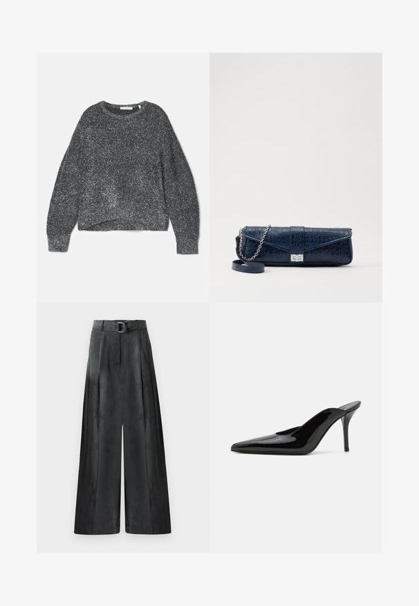Długi, ciemnoszary płaszcz trench wykonany z miękkiego materiału przypominającego zamsz, z podwójnymi guzikami, epoletem na ramionach i dopasowanym paskiem w talii.; Błyszczący czarny sweter o luźnym kroju, okrągłym dekolcie i długich rękawach. Wykonany z miękkiej przędzy o teksturowanym, błyszczącym wykończeniu.; Szerokie spodnie w ciemnoszarym kolorze, charakteryzujące się gładką fakturą, plisami oraz paskiem z srebrną klamrą w wysokim talii.; Czarne lakierowane mule na wysokim obcasie z wąskim noskiem i elegancką sylwetką, charakteryzujące się otwartym tyłem i smukłym szpilką.; Granatowa skórzana kopertówka o strukturze krokodyla, z srebrnym łańcuszkiem i metalowym zapięciem. Prostokątny kształt z zapięciem na klapkę.