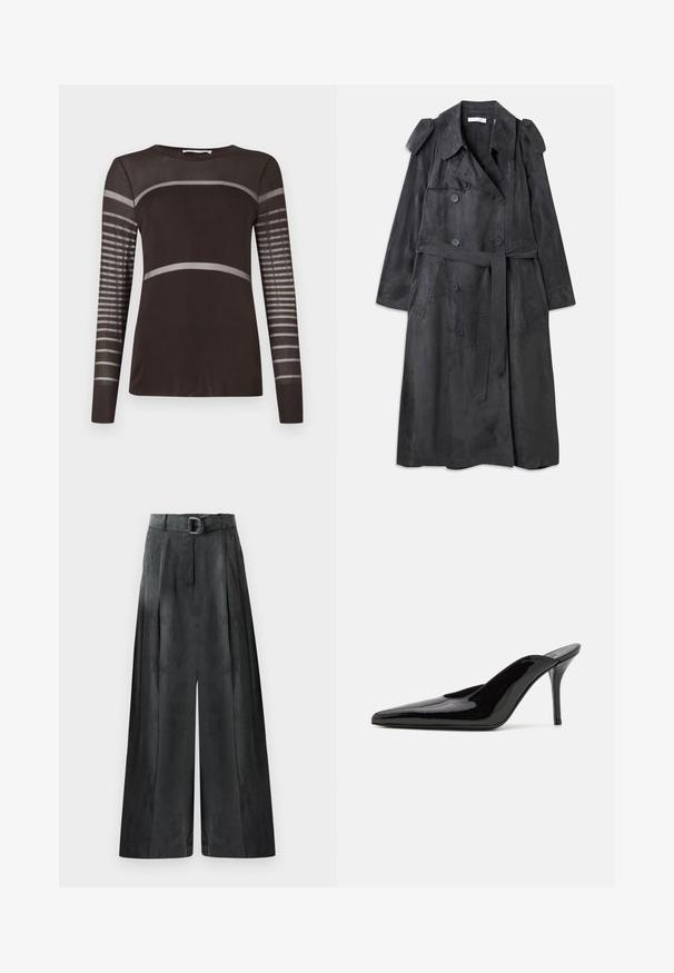 Palton lung de culoare gri închis, confecționat dintr-un material moale similar cu suede, cu nasturi cu dubla închidere, epauleți pe umeri și o curea asortată la talie.; Tricou cu mânecă lungă de culoare maro închis, cu o textură netedă. Are dungi orizontale de culoare gri deschis pe piept și un panou cu dungi pe mâneci.; Pantaloni cu picioare largi în gri închis, având o textură netedă, pliuri și o curea cu cataramă argintie la talie.; Mule-uri cu toc înalt din piele lacuită neagră, cu vârful ascuțit și o siluetă elegantă, având un spate deschis și un toc subțire stilletto.