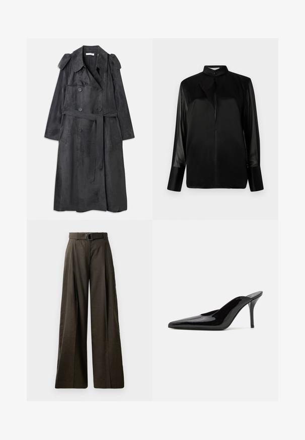 Manteau long gris foncé en matériau doux semblable à du daim, avec des boutons à double boutonnage, des épaulettes aux épaules et une ceinture assortie.; Blouse noire avec un col montant, longues manches transparentes, détail de nœud au cou, en tissu satin lisse, fermeture par boutons sur le devant.; Pantalons taille haute à jambe large en tissu marron foncé avec une texture lisse. Comprend une ceinture assortie avec une boucle circulaire et un design plissé.; Mule en cuir verni noir à talon haut avec un bout pointu et une silhouette épurée, doté d'un dos ouvert et d'un talon aigu slender.