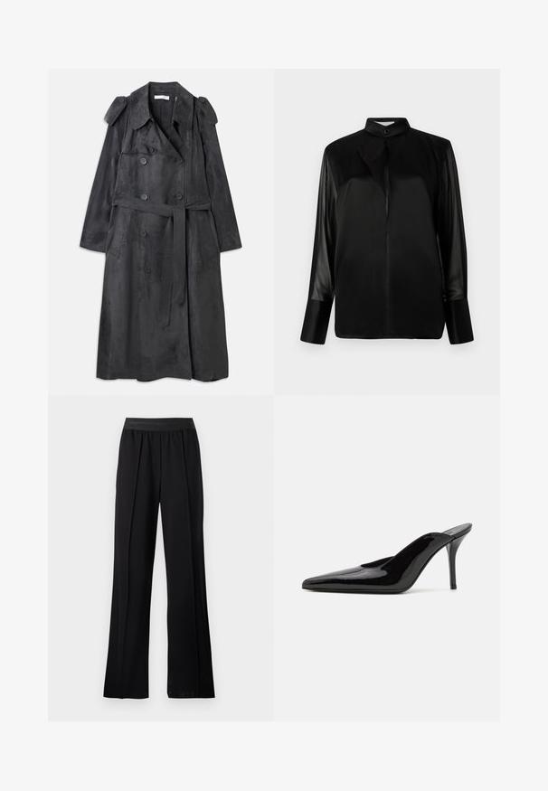 Langer, dunkelgrauer Trenchcoat aus weichem, wildlederähnlichem Material mit doppelreihigen Knöpfen, Schulterklappen und einem passenden Taillengürtel.; Schwarze Bluse mit Stehkragen, langen transparenten Ärmeln, Schleifendetail am Hals, aus glattem Satinmaterial, mit Knopfverschluss vorne.; Schwarze weit geschnittene Hose aus glattem Stoff mit einem dehnbaren Bund. Verfügt über Falten für zusätzliches Volumen und Fluss, ohne sichtbare Muster oder Akzente.; Schwarze Lackleder-Pumps mit hohen Absätzen, spitzer Zehenform und schlanker Silhouette, mit offenem Rücken und schlankem Stiletto-Absatz.