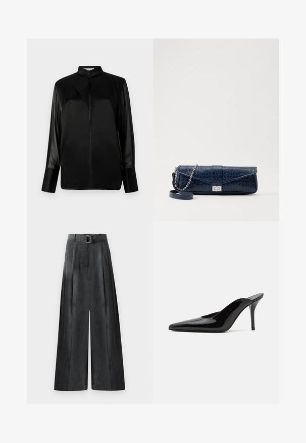 Pikk tumehall trench coat, mis on valmistatud pehmest sametitaolisest materjalist, kahekordsete nuppudega, õlavarre epaulettide ja sobiva vööga.; Mustmust särk püstise kraega, pikad läbipaistvad varrukad, kaela juures lipsu detail, valmistatud siledast satiinist, ees nuppe sulgemiseks.; Tumed hallid laiad püksid, mis on sileda tekstuuriga, voltidega ja kõrge vöökoht, millel on hõbedane pandla.; Must musta nahkkängad terava ninaga ja sujuva siluetiga, avatud tagusega ja peene stiletto kontsaga.; Tumehall nahast klamber krokodillitekstuuriga, hõbedane kettrihm ja metallist lukk. Ruutuline kuju volditava disainiga.