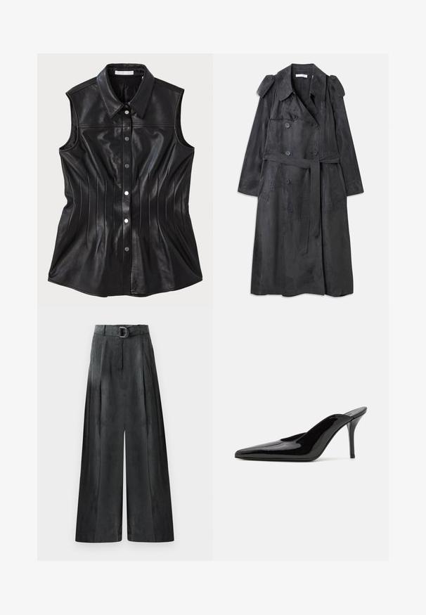 Lang mørkegrå trenchcoat lavet af blødt suede-lignende materiale med dobbelte knapper, skulderbånd og et matchende taljebælte.; Sort læder udenærmet skjorte med spids krave, vertikale syninger og trykknaplukninger ned ad forsiden.; Bredde benbukser i mørkegrå, med en glat tekstur, folder og et bælte med en sølvspænde i høj talje.; Sorte lakerede højhælede mulesko med spids tå og en slank silhuet, der har åben hæl og en slank stilettohæl.